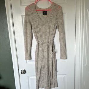 Abercrombie & Fitch Tan Ribbed Tie Front Knee-Length Sweater Dress
